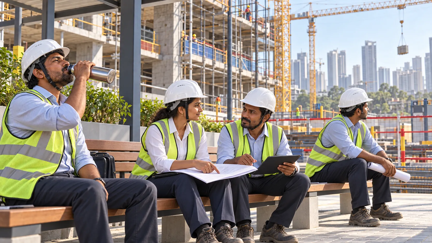 Indian engineers and project managers reviewing architectural plans on construction site
